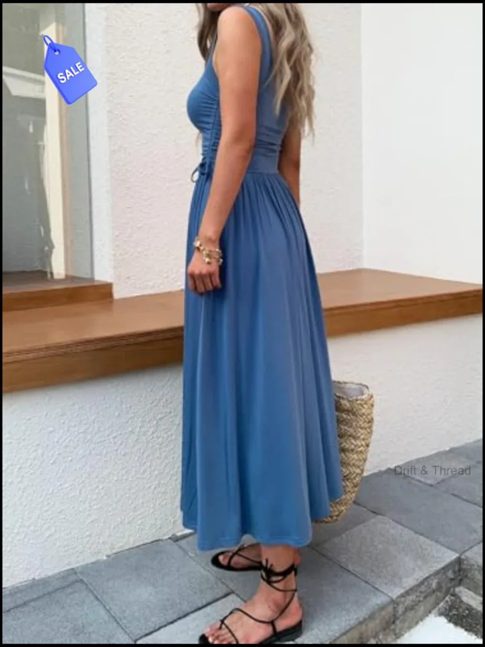 Boho Summer Maxi Dress with Pockets, Adjustable Waist, Sleeveless Casual - Picture 5 of 6